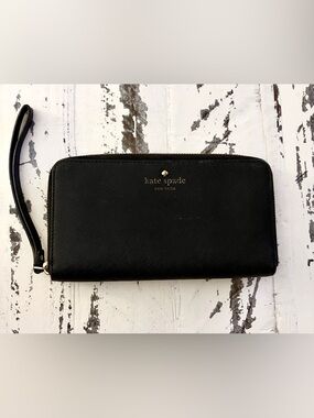 kate spade Black Leather Zip-Around Wallet with Gold Logo